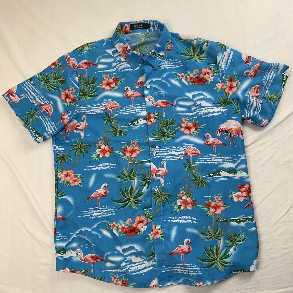 SSLR Floral Hawaiian Button Down Shirt‎ Sz L Palm Trees Flamingos Aloha Cruise